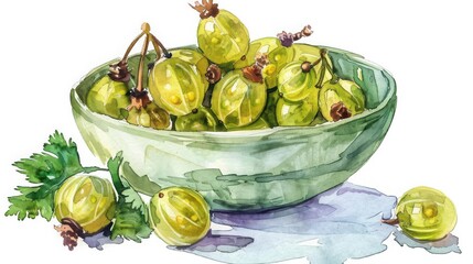 Fresh gooseberries in a bowl, food element, watercolor illustration, soft colors, isolated on white background