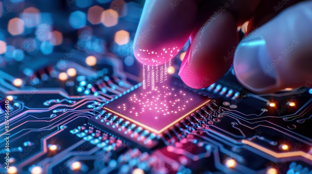 Poster closeup of a developers hands assembling a circuit board, soft ambient light, highresolution, high q