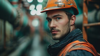 A young man in a factory setting, wearing a hard hat and safety vest, looks intently toward the camera