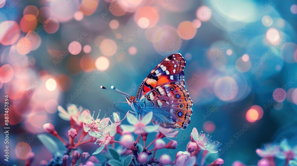 Poster close-up perspective of colorful butterfly perched on branch of blooming cherry tree with soft light