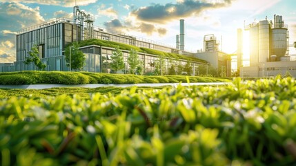 Sunlight highlights a sustainable factory featuring green roofs and lush gardens, showcasing eco-friendly architecture.