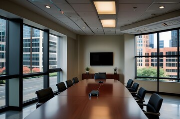 A conference room with a desk and a wall of windows