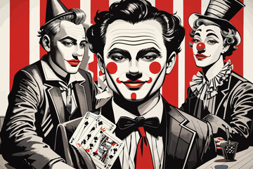 2 clowns playing cards illustration