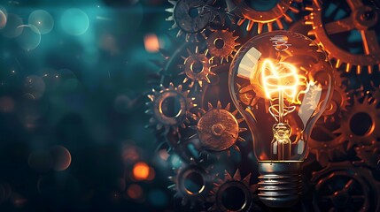 Glowing light bulb and cogwheel gears illustration background. Engineering mechanism settings