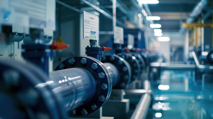 A close-up view of modern industrial piping systems in a large manufacturing plant, showcasing technology and precision.