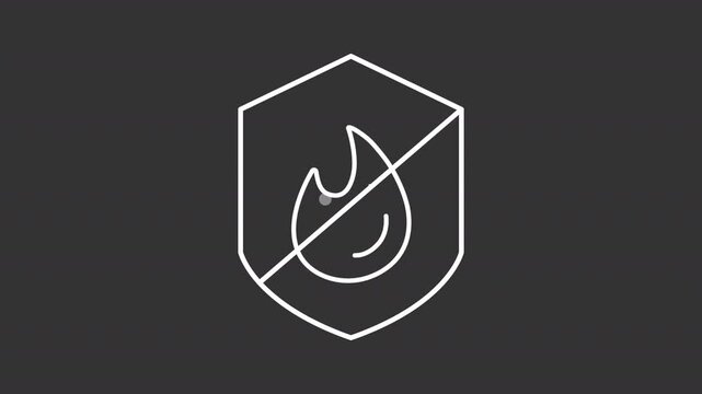 Fire safety white line animation. Heat resistant animated icon. Moving flame, fireproof. Regulatory compliance. Isolated illustration on dark background. Transition alpha video. Motion graphic