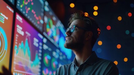 A young male data analyst observes colorful data analytics on multiple screens in a dark illuminated room.