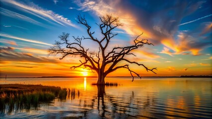 Fototapeta premium A dead tree is silhouetted against the sunrise along the Cape Fear River near the Atlantic Ocean outside Wilmington, North Carolina
