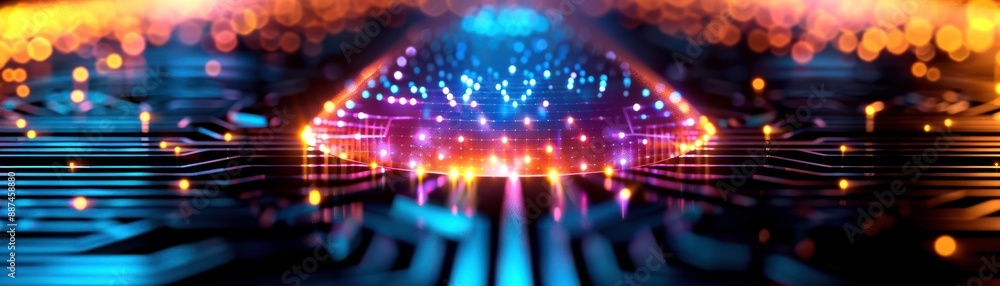 Poster futuristic circuit board with glowing lights, representing advanced digital technology, quantum comp
