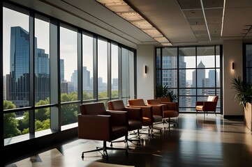 A conference room with a desk and a wall of windows