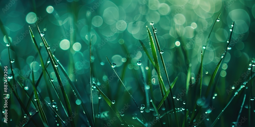 Aufkleber macro photo of emerald green grass field with clear dew drops with soft light on blurry background. 