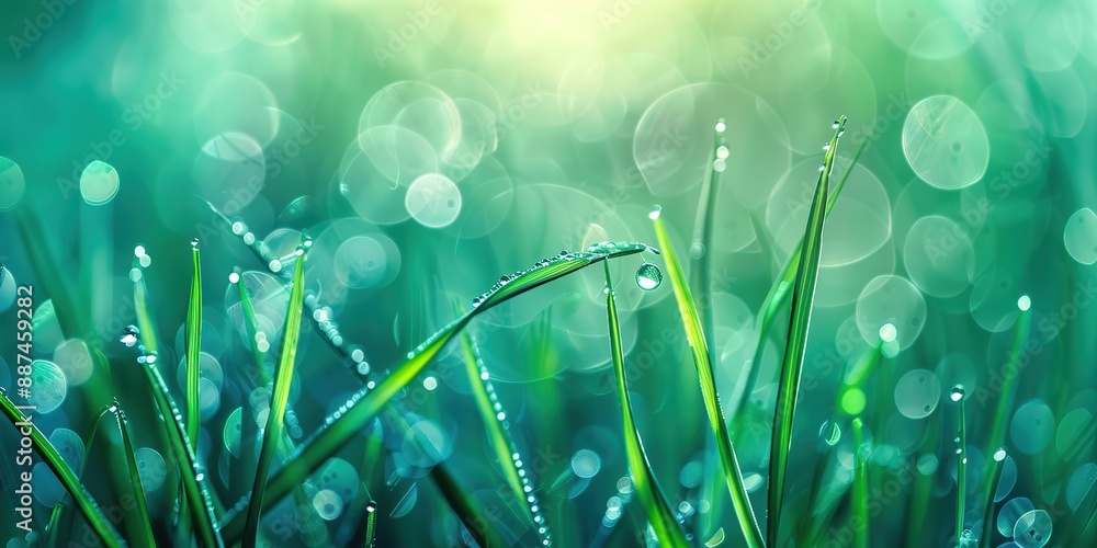 Aufkleber macro photo of emerald green grass field with clear dew drops with soft light on blurry background. 