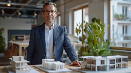 A middle-aged architect standing by architectural scale models in a modern office showing confidence and professionalism.