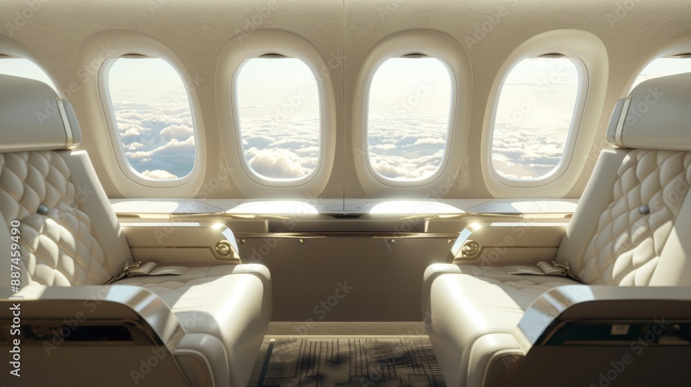 Wall mural An ultra-realistic photograph of the interior space in the front row window seats on board an airplane with beige leather seating and a white table, the windows show a clear sky