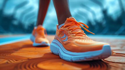 Naklejka premium Woman's feet running along the road close-up on shoes. Legs of young fitness female runners ready to run on the road. Sports healthy lifestyle concept.