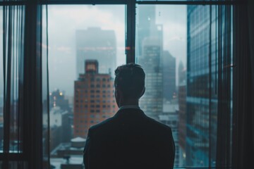 Businessman Contemplating Cityscape from Office
