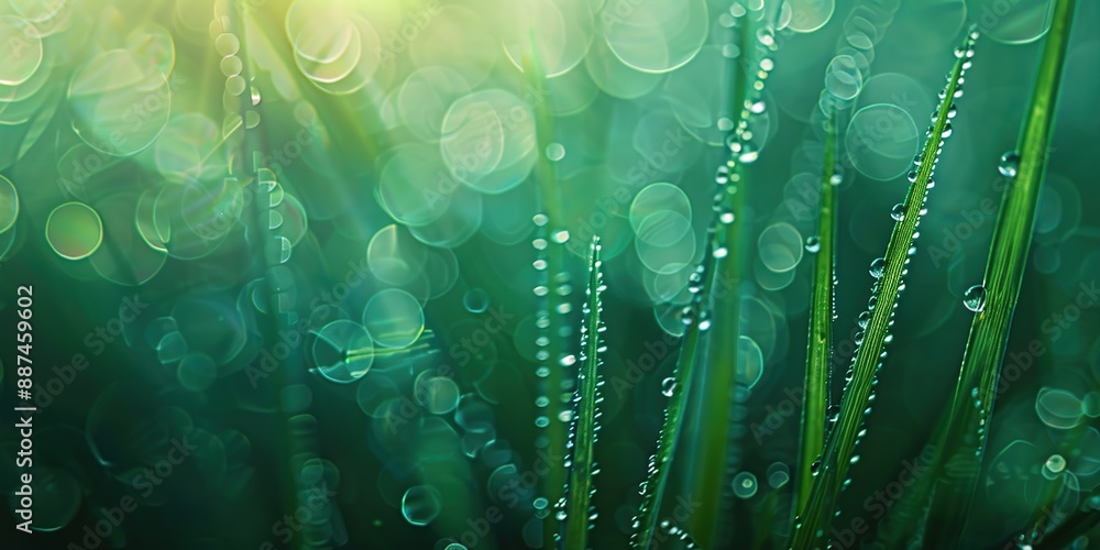 Poster macro photo of emerald green grass field with clear dew drops with soft light on blurry background. 