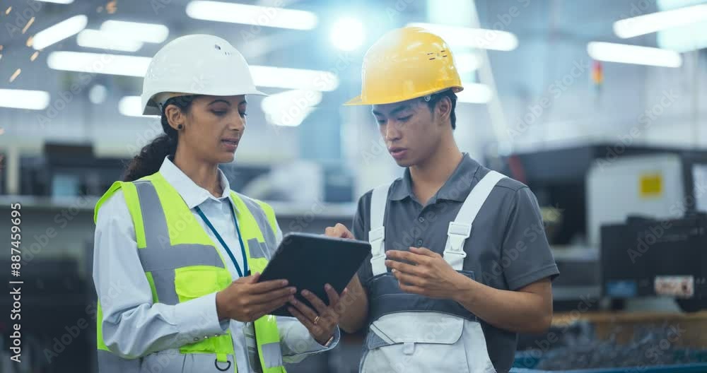 Poster two industrial engineers at work. hispanic female with a tablet computer and a young asian male moni