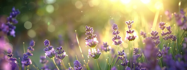 Detailed image of lavender flowers gently swaying in a field with sunlight in the background. The view is peaceful and serene