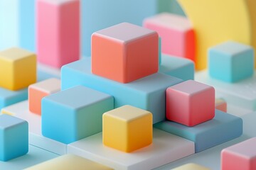 Obraz premium Abstract Futuristic 3D Render Minimalistic Style with Floating Geometric Shapes Isometric Design, Light Color Theme, Bright Background, and Soft Lighting