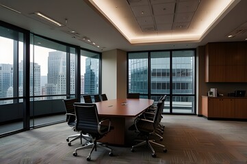 A conference room with a desk and a wall of windows