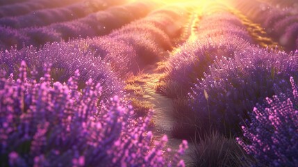 Stunning shot of the path winding through beautiful purple lavender flowers with golden light in the background.