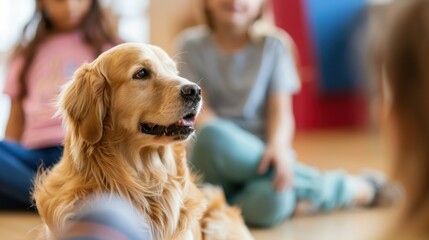 A friendly golden retriever sits among children in a school setting providing comfort and support as a therapy dog.