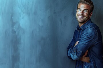 Obraz premium Handsome man digital illustration, blonde hair, blue eyes, in relaxed outfit on white background