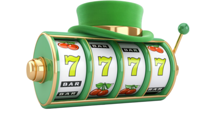green 3d casino slots reel with green hat ontop, transparent background
