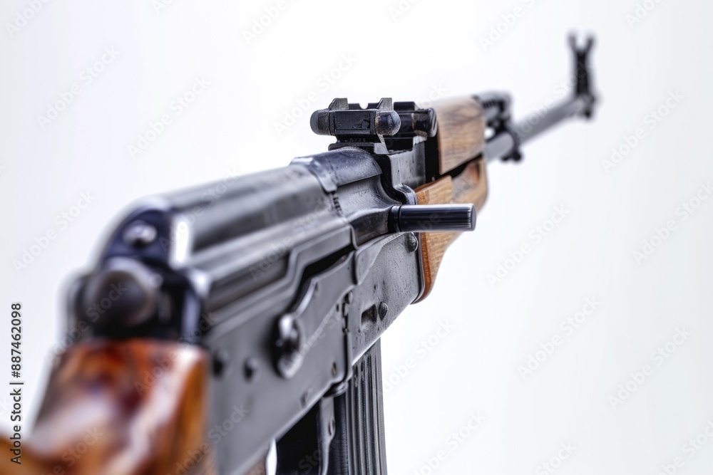 Poster a close-up shot of a machine gun on a white background, suitable for use in military or war-related 