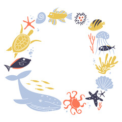 Sea life frame with hand drawn octopus, turtle, whale and jelly fish vector illustration