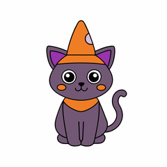Vector illustration of a cute Halloween cat in a hat for International Cat Day with a minimalist and unclean aesthetic on a white background
