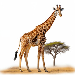 Fototapeta premium Giraffe In African Landscape With Acacia Trees On White Background