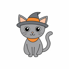 Vector illustration of a cute Halloween cat in a hat for International Cat Day with a minimalist and unclean aesthetic on a white background