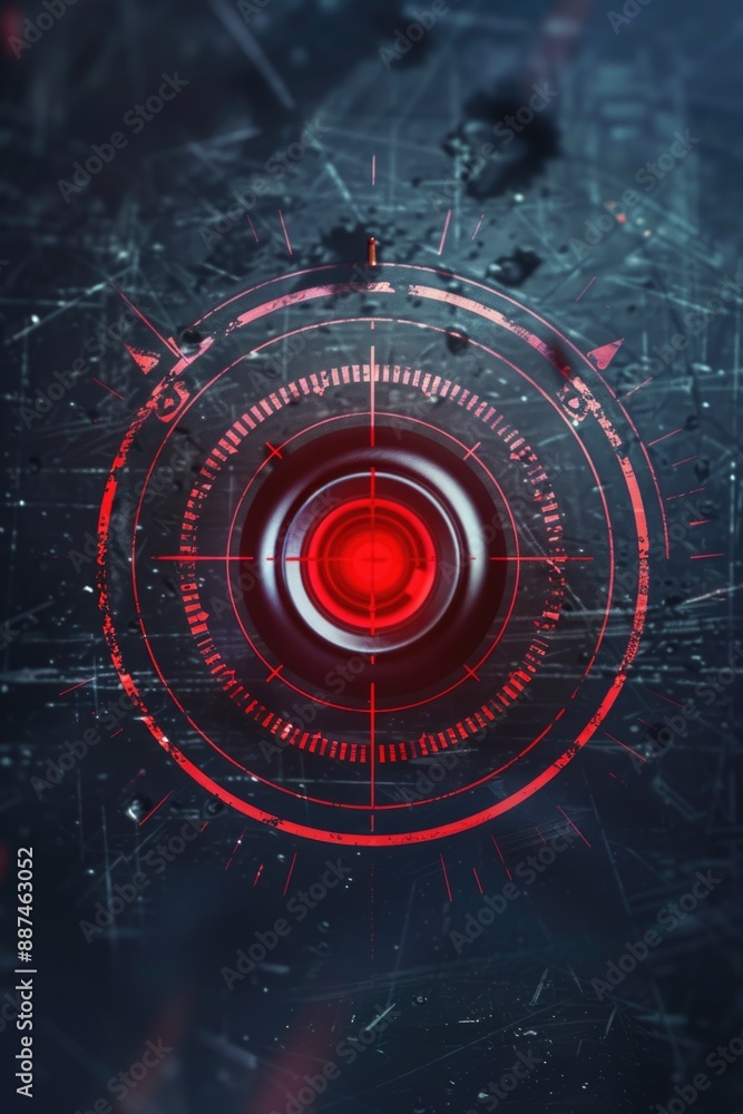 Poster A close-up shot of a red and black circular object on a black surface, suitable for use in designs related to technology, innovation, or creativity