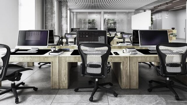 Computerarbeitspl&auml;tze in einem offenen, modernen B&uuml;ro &ndash; loopf&auml;hige 3D-Visualisierung