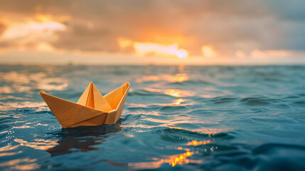 An earthly paper boat embodies faith and religion on a vast ocean, representing hope and spirituality.