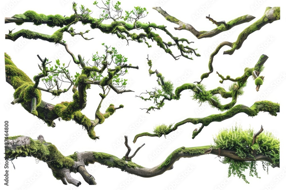 Poster a picture of moss covering the branches of a tree, with lush green foliage and possibly some forest 