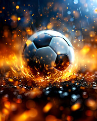 Fototapeta premium A soccer ball is surrounded by fire and smoke. The ball is the main focus of the image, and the fire and smoke create a dramatic and intense atmosphere