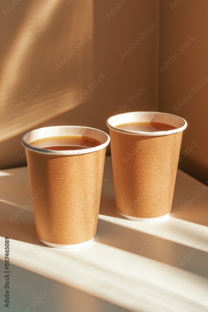 Poster Two cups of coffee sitting on a wooden table with no additional context or objects