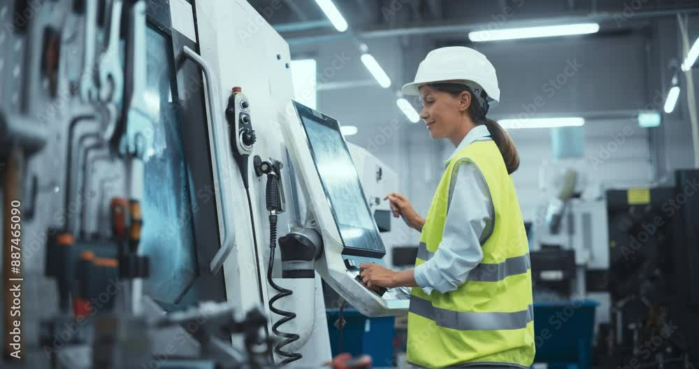 Poster female machinery technician using laptop computer and programming a cnc machine at an advanced metal