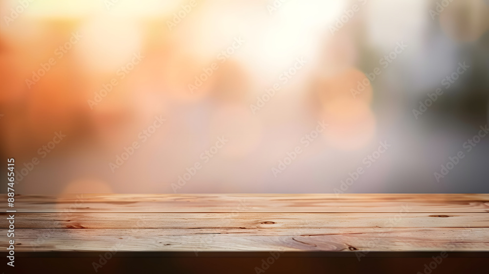 Poster empty wooden table on blurred background with smooth table surface texture. 