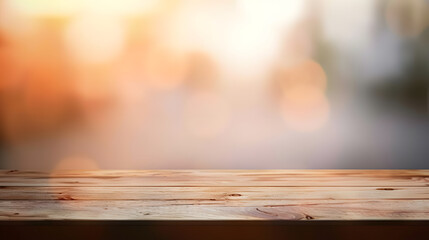 Empty wooden table on blurred background with smooth table surface texture.&nbsp;