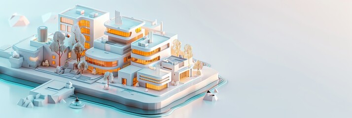 Fototapeta premium Abstract Futuristic 3D Render Minimalistic Style with Floating Geometric Shapes Isometric Design, Light Color Theme, Bright Background, and Soft Lighting