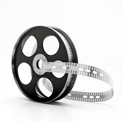 Naklejka premium Black And White Film Reel With Extended Strip On White Background