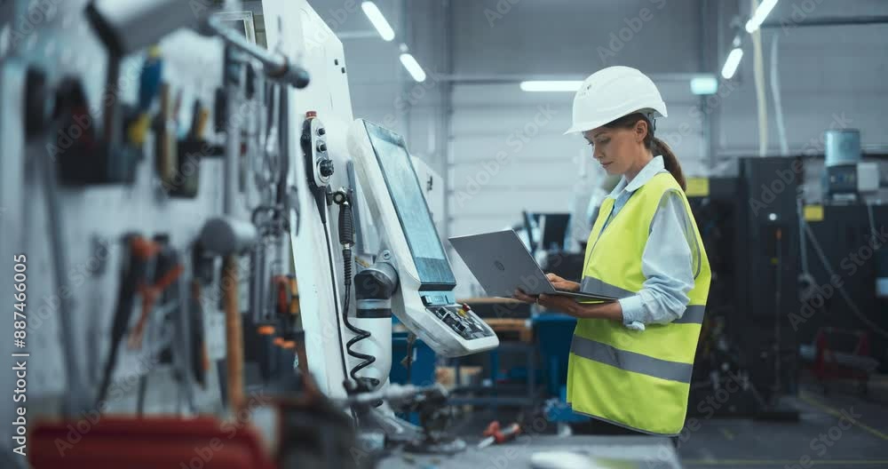 Poster portrait of a female technician in a white hard hat and reflective vest setting up an automated cnc 