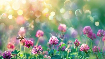 Macro photo of a beautiful spring meadow with fully blooming flowers and soft warm lighting on a blurred background.