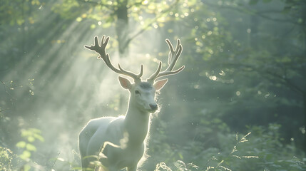 A scene where a large white deer often stands frozen in the forest, illuminated by sunlight.
