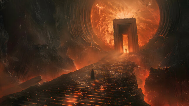 Scenery of a person standing in front of the gates of hell