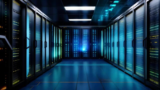 Hightech data center or server room in blue neon light